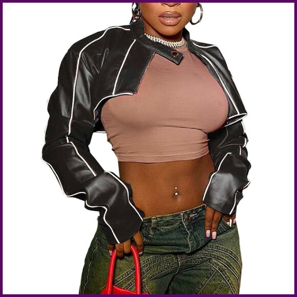 PU Leather Crop Jacket Moto Biker Zip Up Faux Leather Slim Bolero